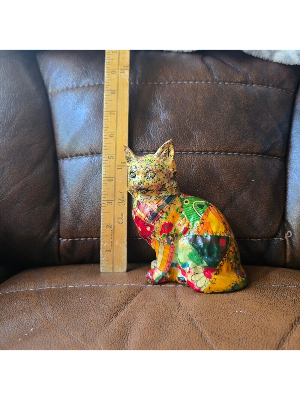 Vintage Decoupage Patchwork Cat Figurine 6" Floral Quilt Paper Mache Folk Art